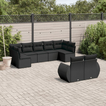 Set mobilier de grădină cu perne, 9 piese, negru, poliratan - Img 1