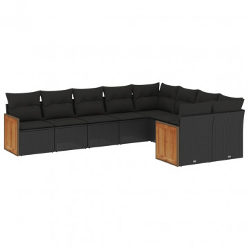 Set mobilier de grădină cu perne, 9 piese, negru, poliratan - Img 2