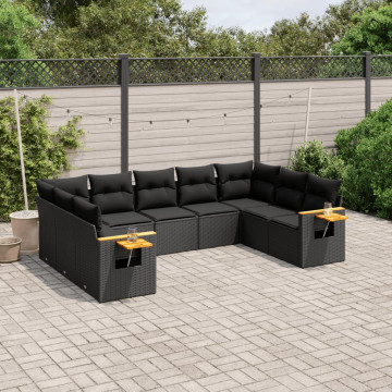 Set mobilier de grădină cu perne, 9 piese, negru, poliratan - Img 1