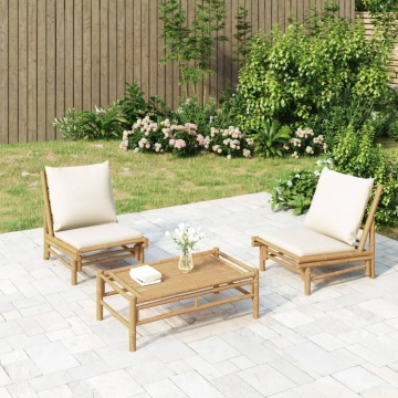 Set mobilier de grădină, cu perne alb crem, 3 piese, bambus - Img 1