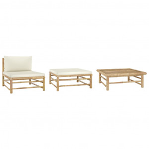 Set mobilier de grădină, cu perne alb crem, 3 piese, bambus - Img 1