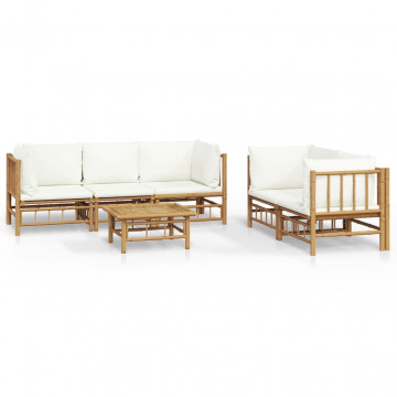 Set mobilier de grădină cu perne alb crem, 6 piese, bambus - Img 2