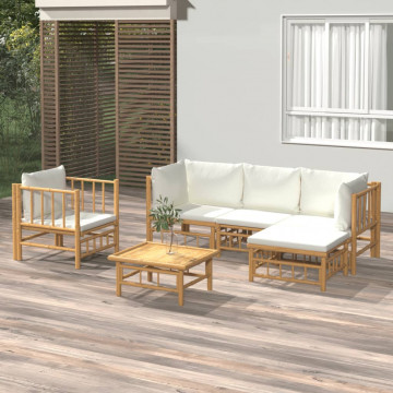 Set mobilier de grădină cu perne alb crem, 6 piese, bambus - Img 1