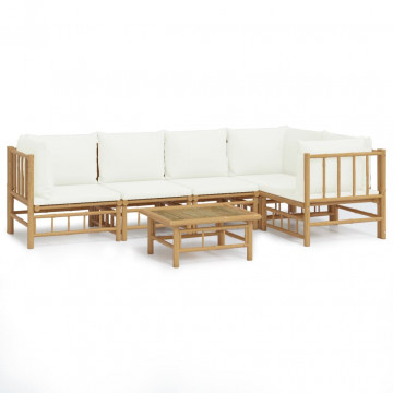 Set mobilier de grădină cu perne alb crem, 6 piese, bambus - Img 2