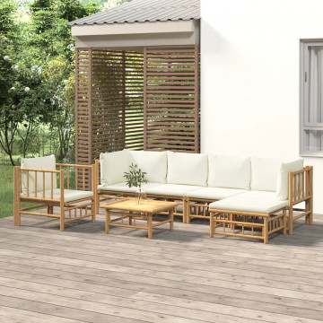 Set mobilier de grădină cu perne alb crem, 7 piese, bambus - Img 1
