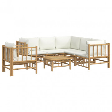 Set mobilier de grădină cu perne alb crem, 7 piese, bambus - Img 3