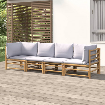 Set mobilier de grădină cu perne gri deschis, 4 piese, bambus - Img 1