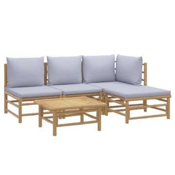 Set mobilier de grădină cu perne gri deschis, 5 piese, bambus - Img 3
