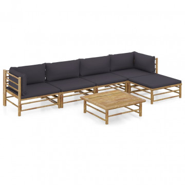 Set mobilier de grădină cu perne gri închis, 6 piese, bambus - Img 1