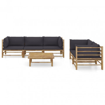 Set mobilier de grădină cu perne gri închis, 6 piese, bambus - Img 2