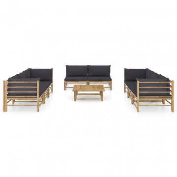 Set mobilier de grădină cu perne gri închis, 9 piese, bambus - Img 2