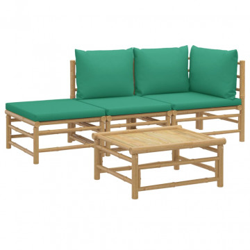 Set mobilier de grădină cu perne verzi, 4 piese, bambus - Img 3