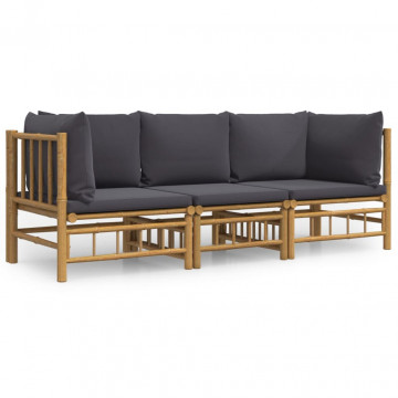 Set mobilier de grădină, perne gri închis, 3 piese, bambus - Img 2