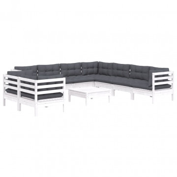 Set mobilier grădină cu perne, 10 piese, alb, lemn masiv pin - Img 3