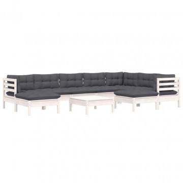 Set mobilier grădină cu perne, 10 piese, alb, lemn masiv pin - Img 3