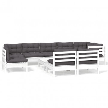 Set mobilier grădină cu perne, 10 piese, alb, lemn masiv pin - Img 2