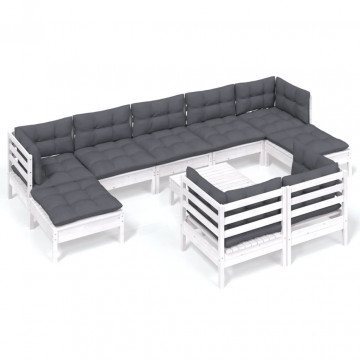 Set mobilier grădină cu perne, 10 piese, alb, lemn masiv pin - Img 2