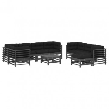 Set mobilier grădină cu perne, 10 piese, gri, lemn masiv - Img 2