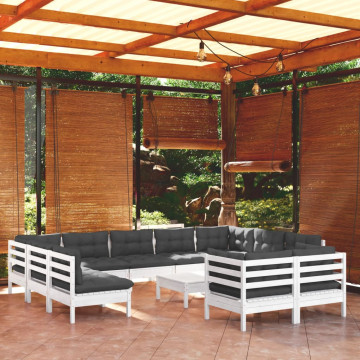 Set mobilier grădină cu perne, 12 piese, alb, lemn masiv pin - Img 1