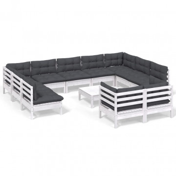 Set mobilier grădină cu perne, 12 piese, alb, lemn masiv pin - Img 2