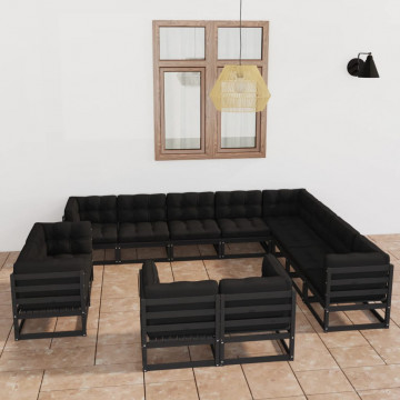 Set mobilier grădină cu perne, 12 piese, negru, lemn masiv pin - Img 1