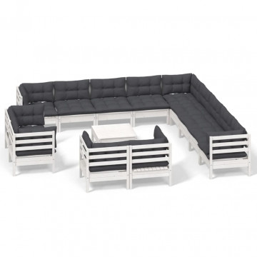 Set mobilier grădină cu perne, 14 piese, alb, lemn masiv pin - Img 2