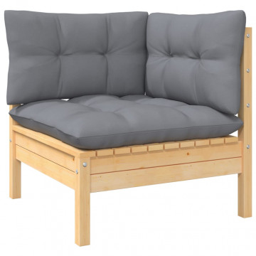 Set mobilier grădină cu perne, 3 piese, gri, lemn masiv pin - Img 2