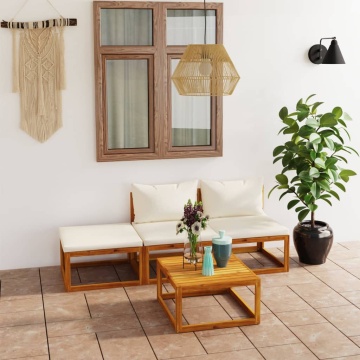 Set mobilier grădină cu perne, 4 piese, crem, lemn masiv acacia - Img 1