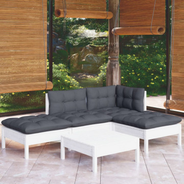 Set mobilier grădină cu perne, 5 piese, alb, lemn de pin - Img 1