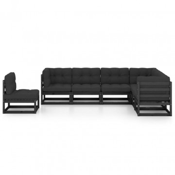 Set mobilier grădină cu perne, 7 piese, negru, lemn masiv pin - Img 2