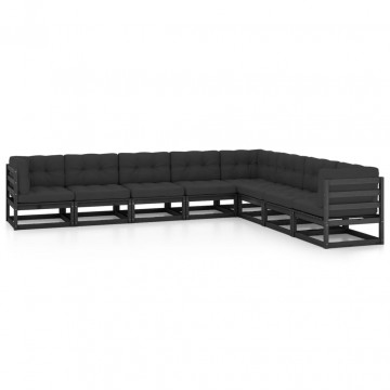 Set mobilier grădină cu perne, 8 piese, negru, lemn masiv pin - Img 1