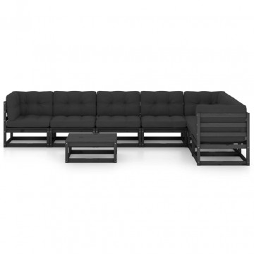 Set mobilier grădină cu perne, 8 piese, negru, lemn masiv pin - Img 3