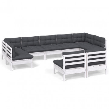 Set mobilier grădină cu perne, 9 piese, alb, lemn masiv pin - Img 2
