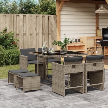 Set mobilier grădină cu perne, 9 piese, gri, poliratan - Img 1
