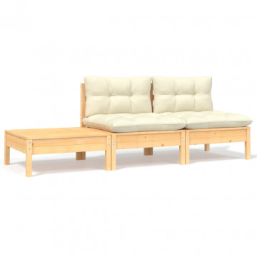 Set mobilier grădină cu perne crem, 3 piese, lemn masiv de pin - Img 1