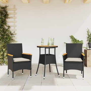 Set mobilier grădină perne 3 piese negru poliratan/lemn acacia - Img 1
