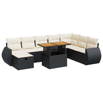 Set mobilier grădină perne 9 piese negru poliratan/lemn acacia - Img 2