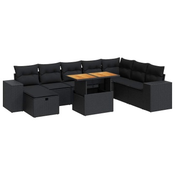 Set mobilier grădină perne 9 piese negru poliratan/lemn acacia - Img 2