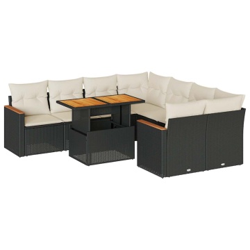 Set mobilier grădină perne 9 piese negru poliratan/lemn acacia - Img 2