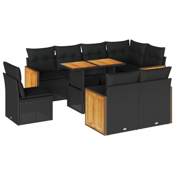 Set mobilier grădină perne 9 piese negru poliratan/lemn acacia - Img 2
