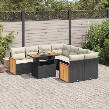 Set mobilier grădină perne 9 piese negru poliratan/lemn acacia - Img 1