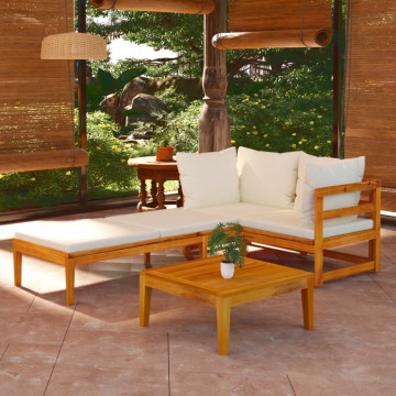 Set mobilier grădină perne alb/crem, 3 piese, lemn masiv acacia - Img 1