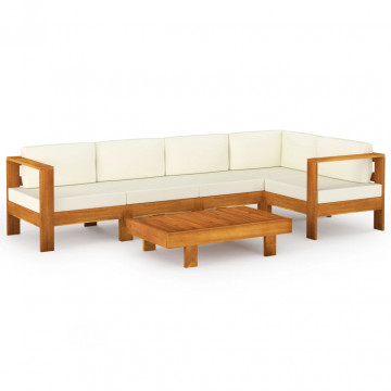 Set mobilier grădină perne alb/crem, 6 piese, lemn masiv acacia - Img 2