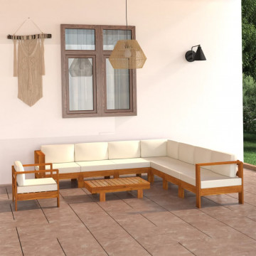 Set mobilier grădină perne alb crem, 9 piese, lemn masiv acacia - Img 1