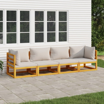 Set mobilier grădină, perne gri deschis, 4 piese, lemn masiv - Img 1