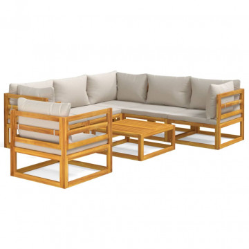 Set mobilier grădină, perne gri deschis, 7 piese, lemn masiv - Img 2