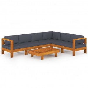 Set mobilier grădină perne gri închis, 7 piese, lemn acacia - Img 1