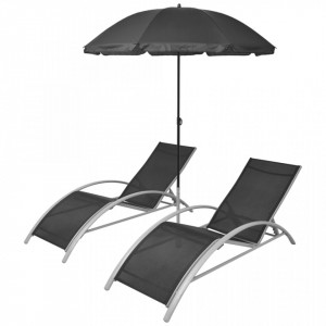 Șezlonguri de plajă cu umbrelă, negru, aluminiu - Img 2