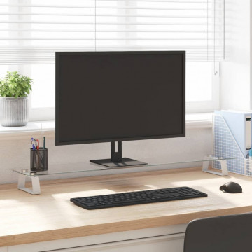 Suport de monitor, alb, 100x20x8 cm, sticlă securizată și metal - Img 1