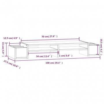 Suport pentru monitor, alb, 100x27,5x15 cm, lemn masiv pin - Img 7
